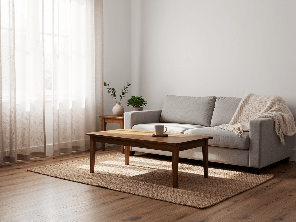 A calm clean living room with a single mug on the coffee table and soft daylight